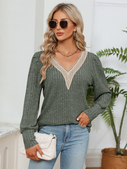 Lace Detail V-Neck Ribbed Blouse