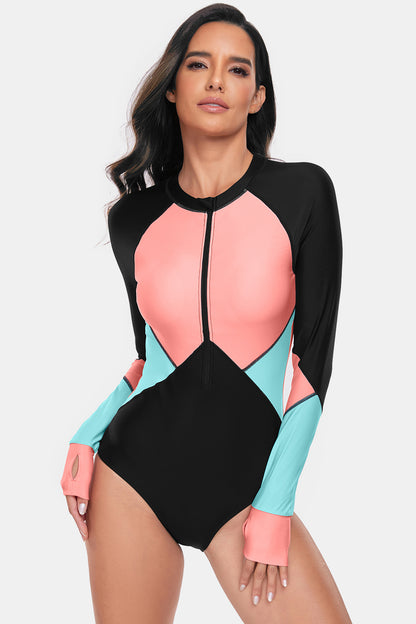 Color Block Half Zip Long Sleeve One-Piece Swimwear