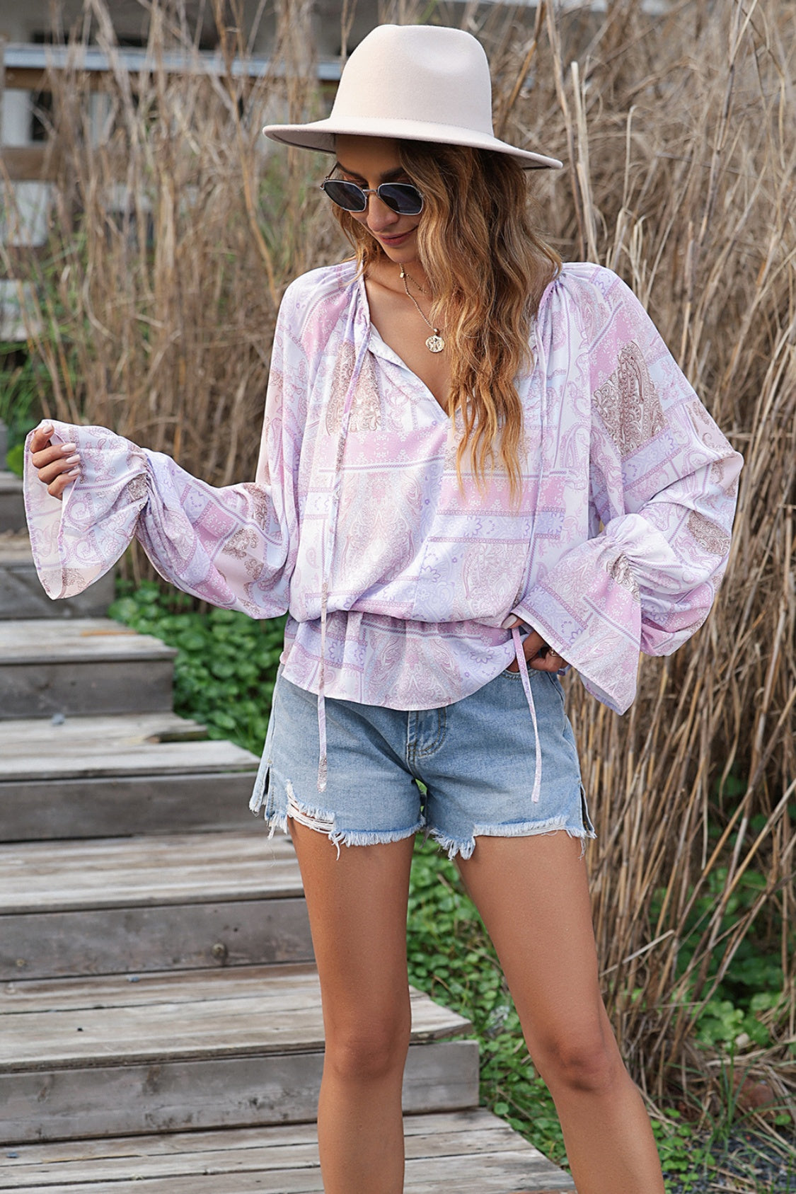 Printed Tie Neck Flounce Sleeve Blouse