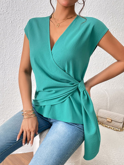 Honey Tied Surplice Neck Short Sleeve Blouse