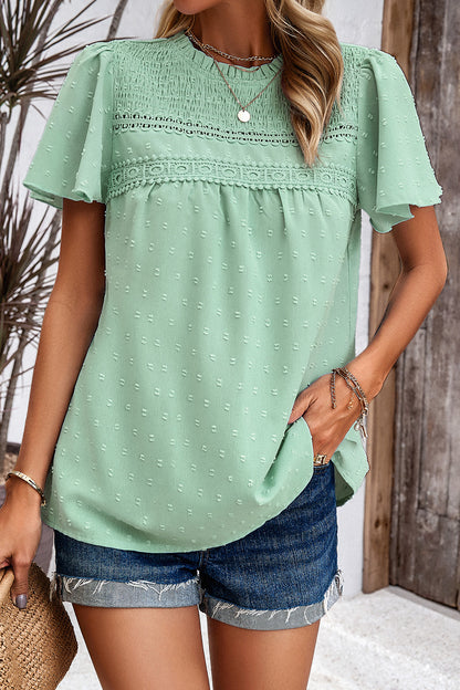 Devine Swiss Dot Smocked Round Neck Short Sleeve Blouse