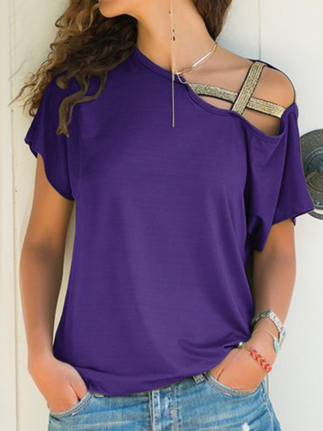 Asymmetrical Neck Short Sleeve T-Shirt