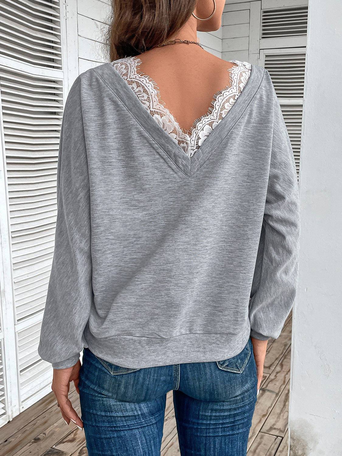 Perfee Lace Detail Long Sleeve Top