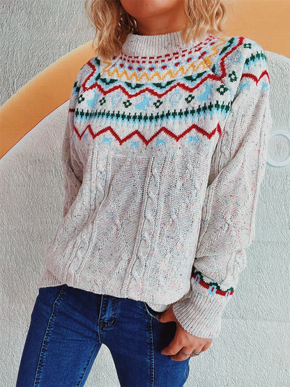 Cable-Knit Mock Neck Long Sleeve Sweater