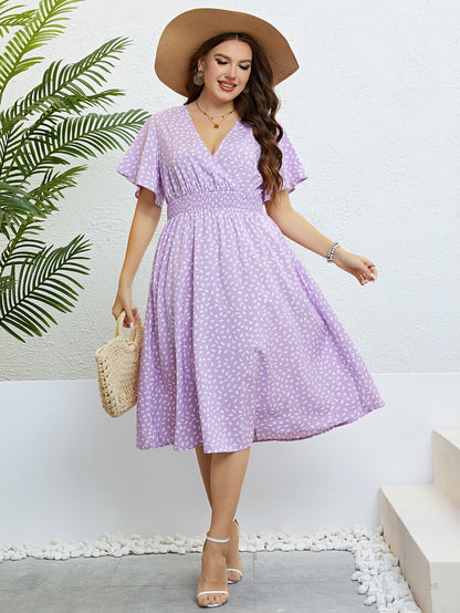 Honey Plus Size Printed Smocked Waist Surplice Dress