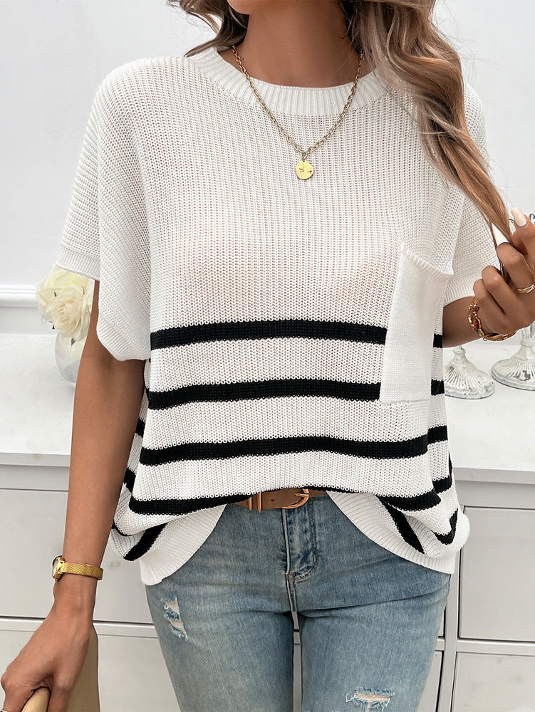 Devine Striped Round Neck Short Sleeve Sweater