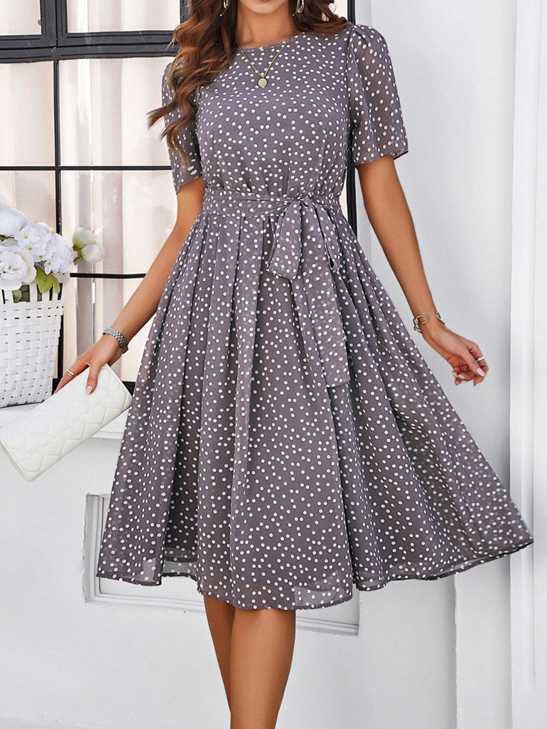 Devine Printed Round Neck Short Sleeve Dress