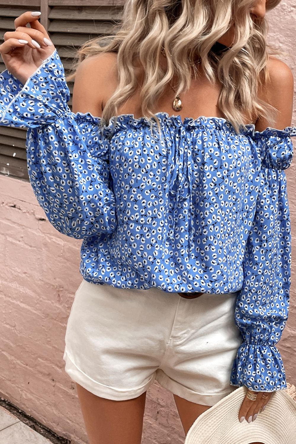 Honey Off Shoulder Printed Frill Trim Blouse