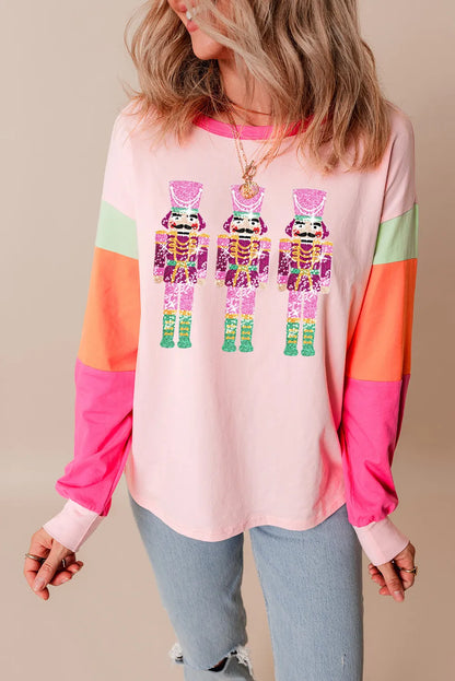 Sequin Nutcracker Round Neck Long Sleeve Top