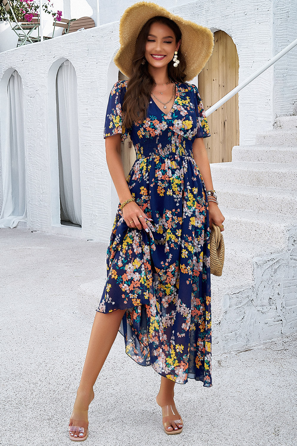 Devine Smocked Floral V-Neck Short Sleeve Dress