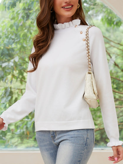 Decorative Button Turtleneck Long Sleeve T-Shirt