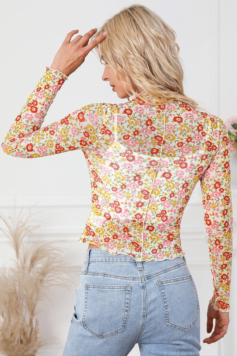 Floral Mock Neck Long Sleeve Blouse