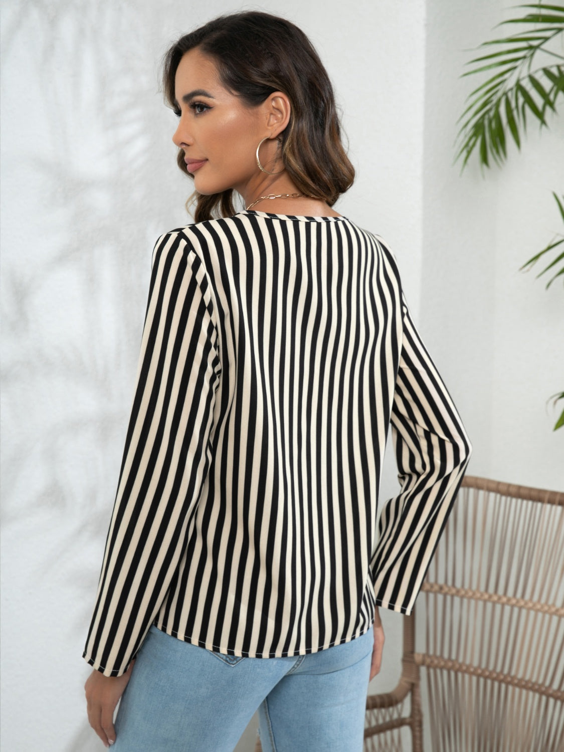 Striped Long Sleeve Notched Blouse