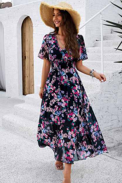 Devine Smocked Floral V-Neck Short Sleeve Dress