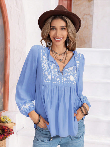 Floral Tie Neck Balloon Sleeve Blouse