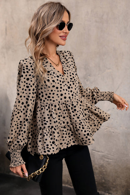 Perfee Notched Lantern Sleeve Tiered Top