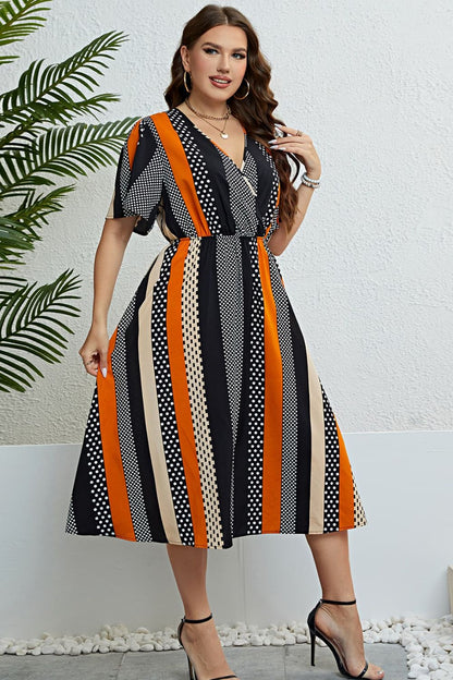 Honey Mixed Print Striped Flutter Sleeve Dress