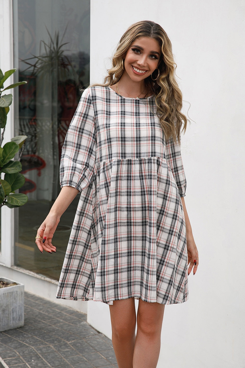 Ivy Lane Plaid Round Neck Mini Dress