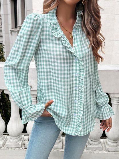 Devine Frill Ruffled Plaid Long Sleeve Shirt