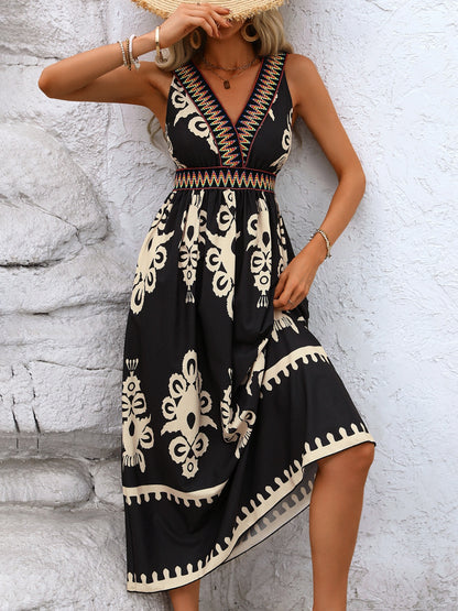 Honey Printed Surplice Sleeveless Midi Dress