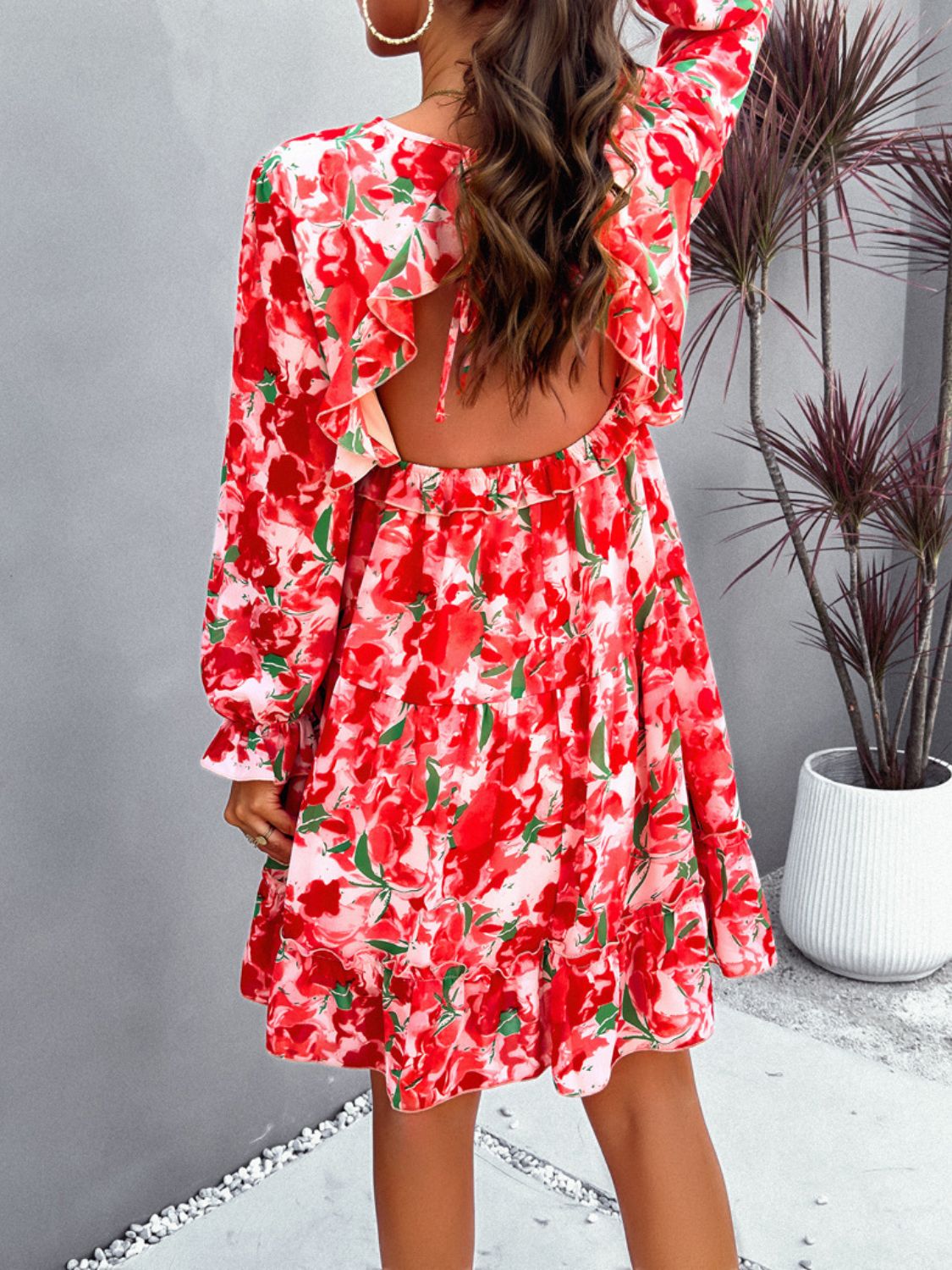 Devine Backless Printed V-Neck Flounce Sleeve Dress