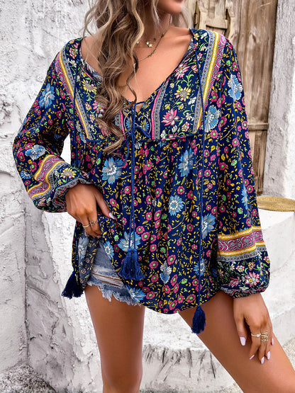 Devine Printed Tie Neck Long Sleeve Blouse