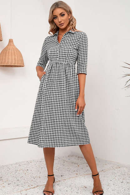 Ivy Lane Plaid Collared Neck Midi Dress