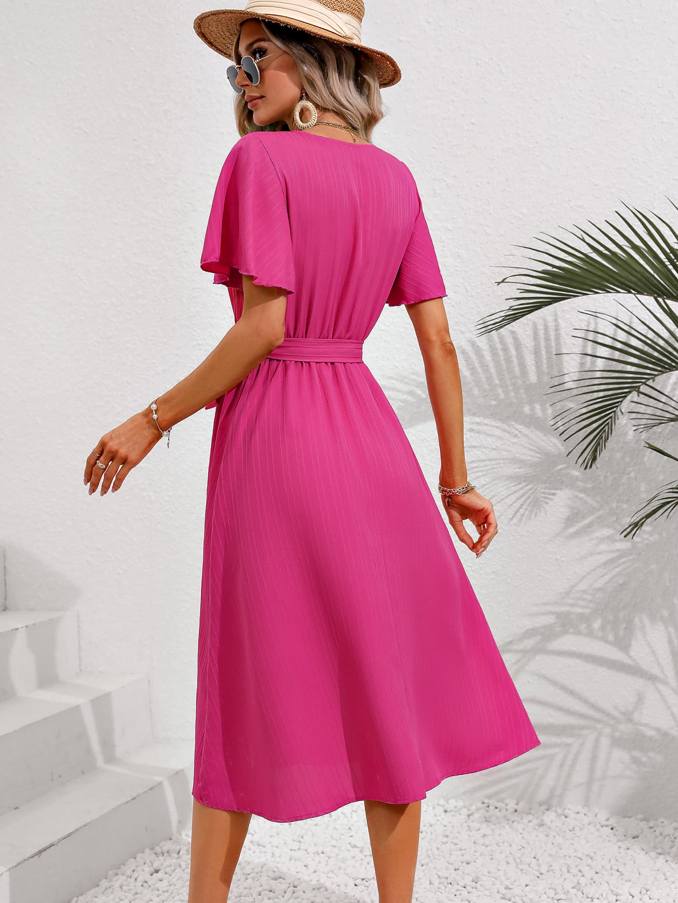 Honey Surplice Neck Tie Belt Midi Dress