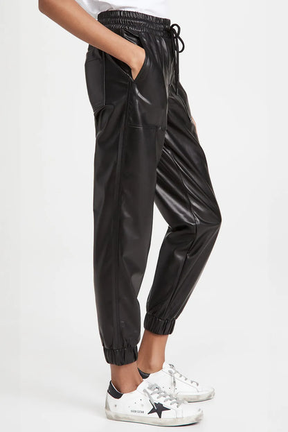 Drawstring PU Leather Pants with Pockets