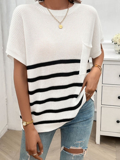 Devine Striped Round Neck Short Sleeve Sweater