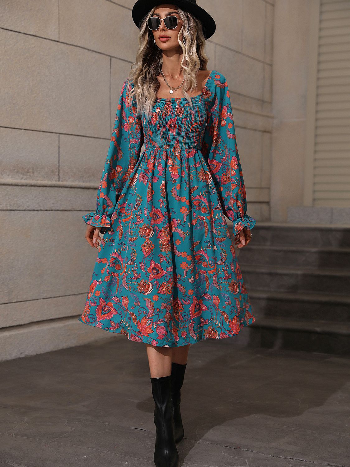 Honey Printed Square Neck Flounce Sleeve Dress