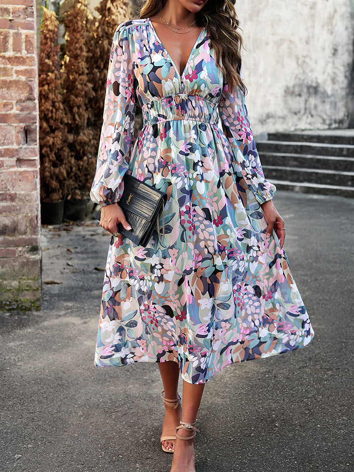 Devine Printed V-Neck Long Sleeve Midi Dress