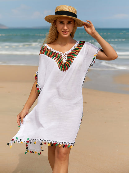 Tassel V-Neck Short Sleeve Cover Up