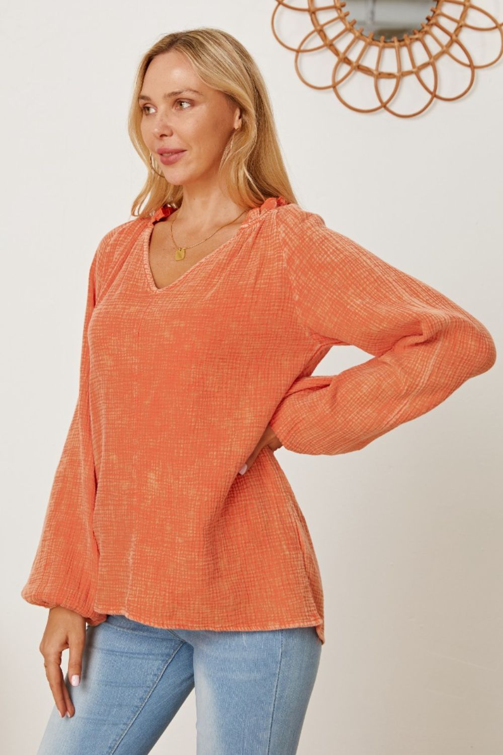 Frill V-Neck Balloon Sleeve Blouse