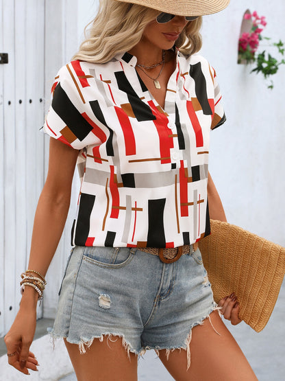 Honey Printed Notched Short Sleeve Blouse