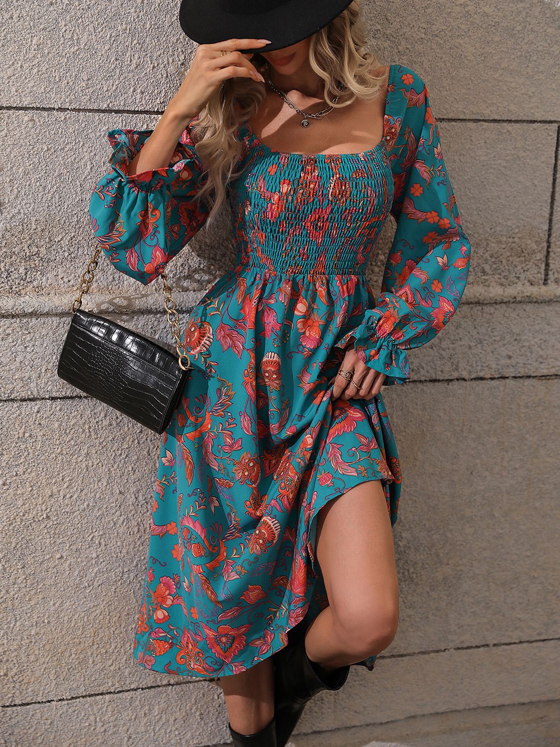 Honey Printed Square Neck Flounce Sleeve Dress