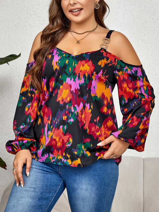 Honey Plus Size Printed Cold Shoulder Long Sleeve Blouse