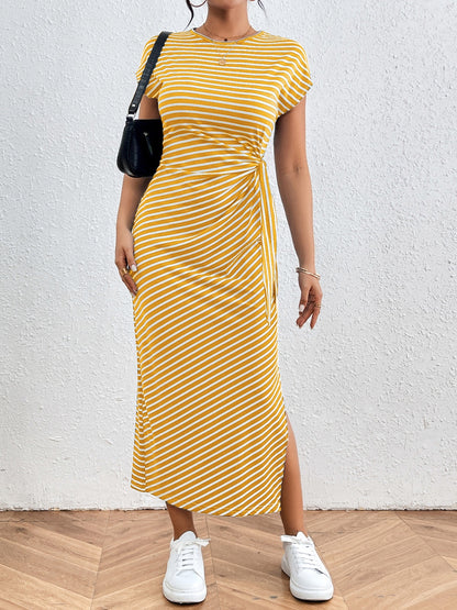 Honey Tied Striped Round Neck Short Sleeve Tee Dress