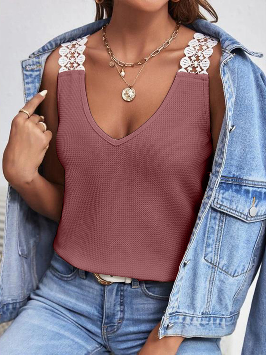 Full Size Lace Detail V-Neck Tank