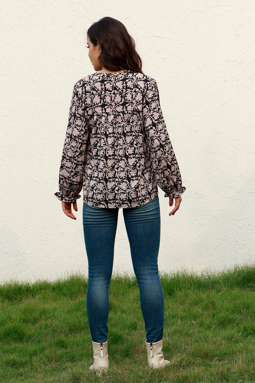 Floral Flounce Sleeve Round Neck Blouse