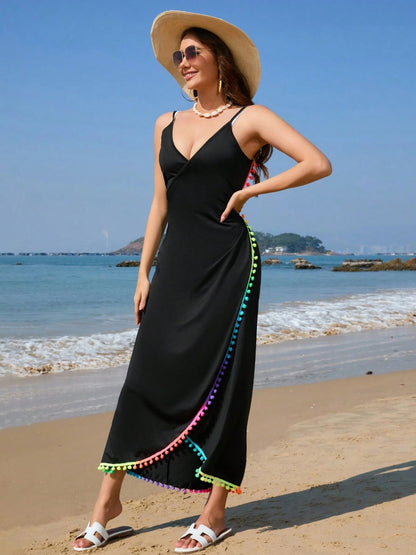 Rainbow Pompom Trim Spaghetti Strap Cover-Up