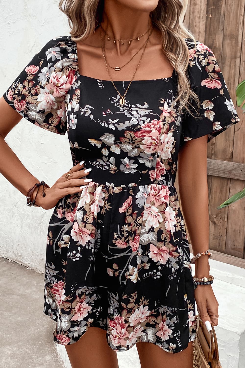 Honey Floral Cutout Tie Back Romper