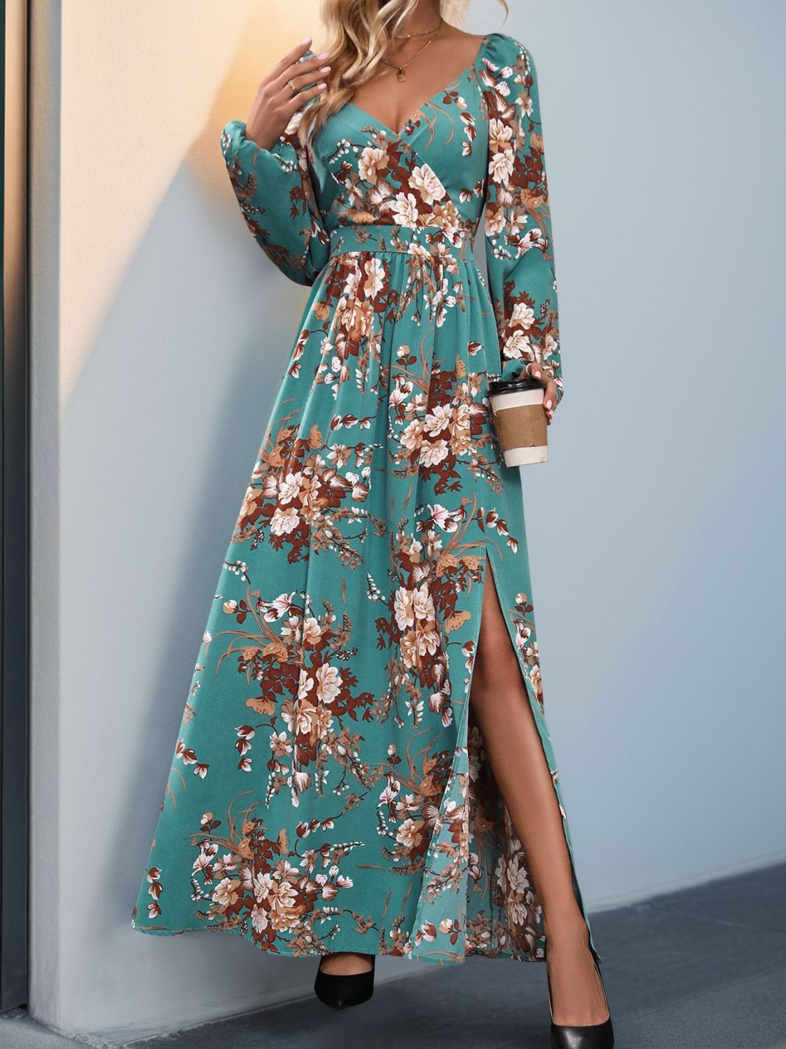 Perfee Slit Printed Surplice Long Sleeve Maxi Dress