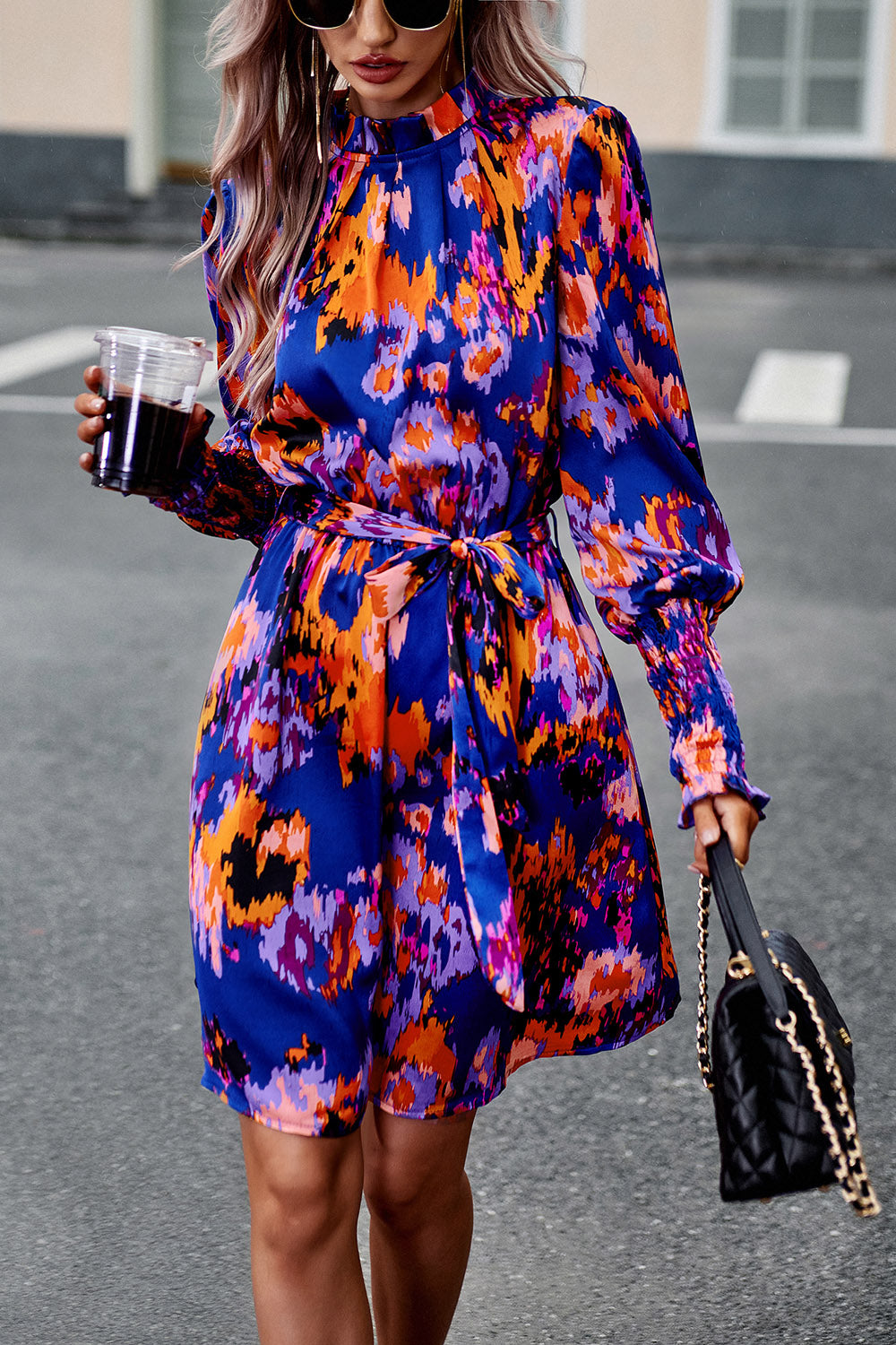 Devine Printed Tie Waist Mock Neck Lantern Sleeve Dress