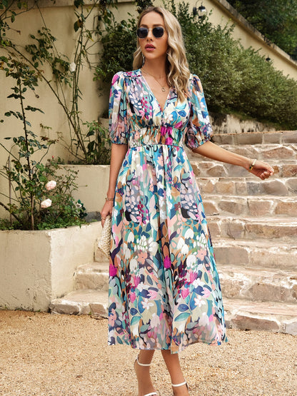 Devine Smocked Printed V-Neck Half Sleeve Midi Dress