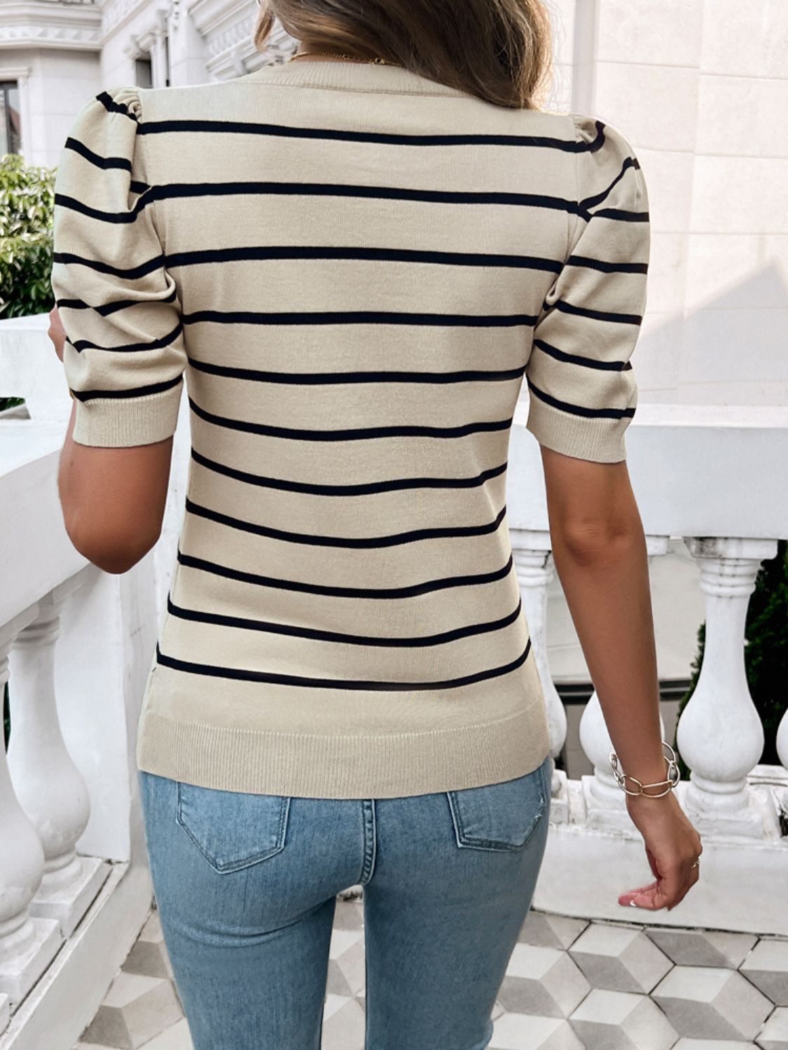 Devine Striped Round Neck Puff Sleeve Knit Top