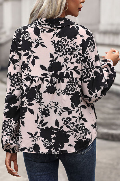 Perfee Printed Tie Neck Balloon Sleeve Blouse