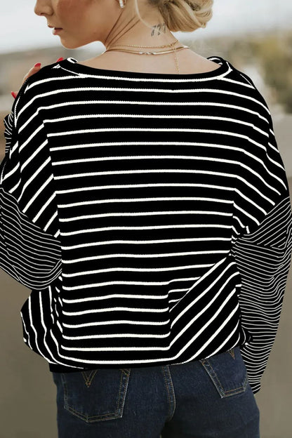 Striped Round Neck Dropped Shoulder Top