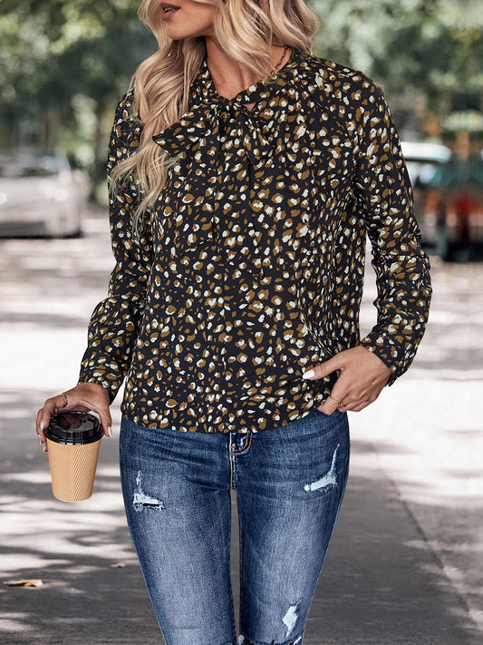 Perfee Printed Tie Neck Long Sleeve Top