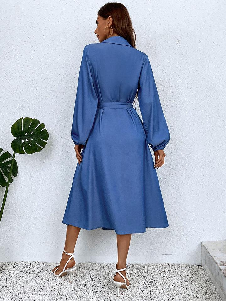 Honey Button-Down Tie Waist Collared Neck Dress